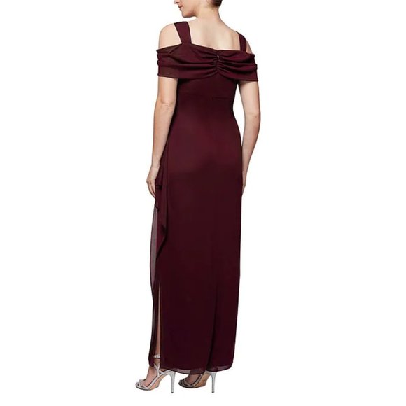 NEW Alex Evenings Long Floor Length Draped Cap Sleeve Wine Waterfall Dress Gown - Picture 2 of 4
